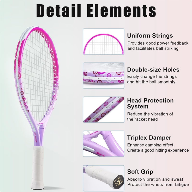BOWEI 17"-25" Kids Tennis Racket for Aged 2-12 Lightweight Youth Tennis Racquet for Girls and Boys Outdoor/Indoor Sports with 1 Non-Slip Grip and 1 Shoulder Strap Bag Easy Carry - Image 4